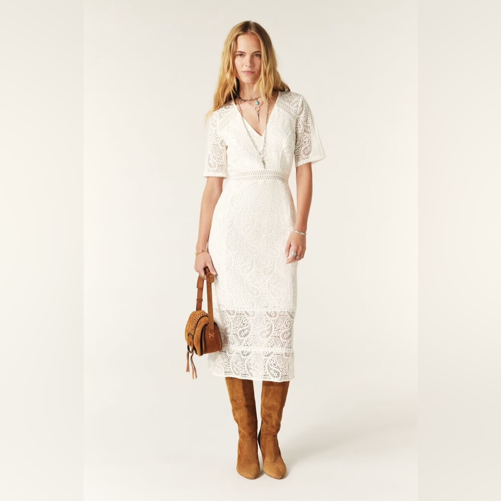 ba&sh White Sheath Midi Dress V-Neck Short Sleeve